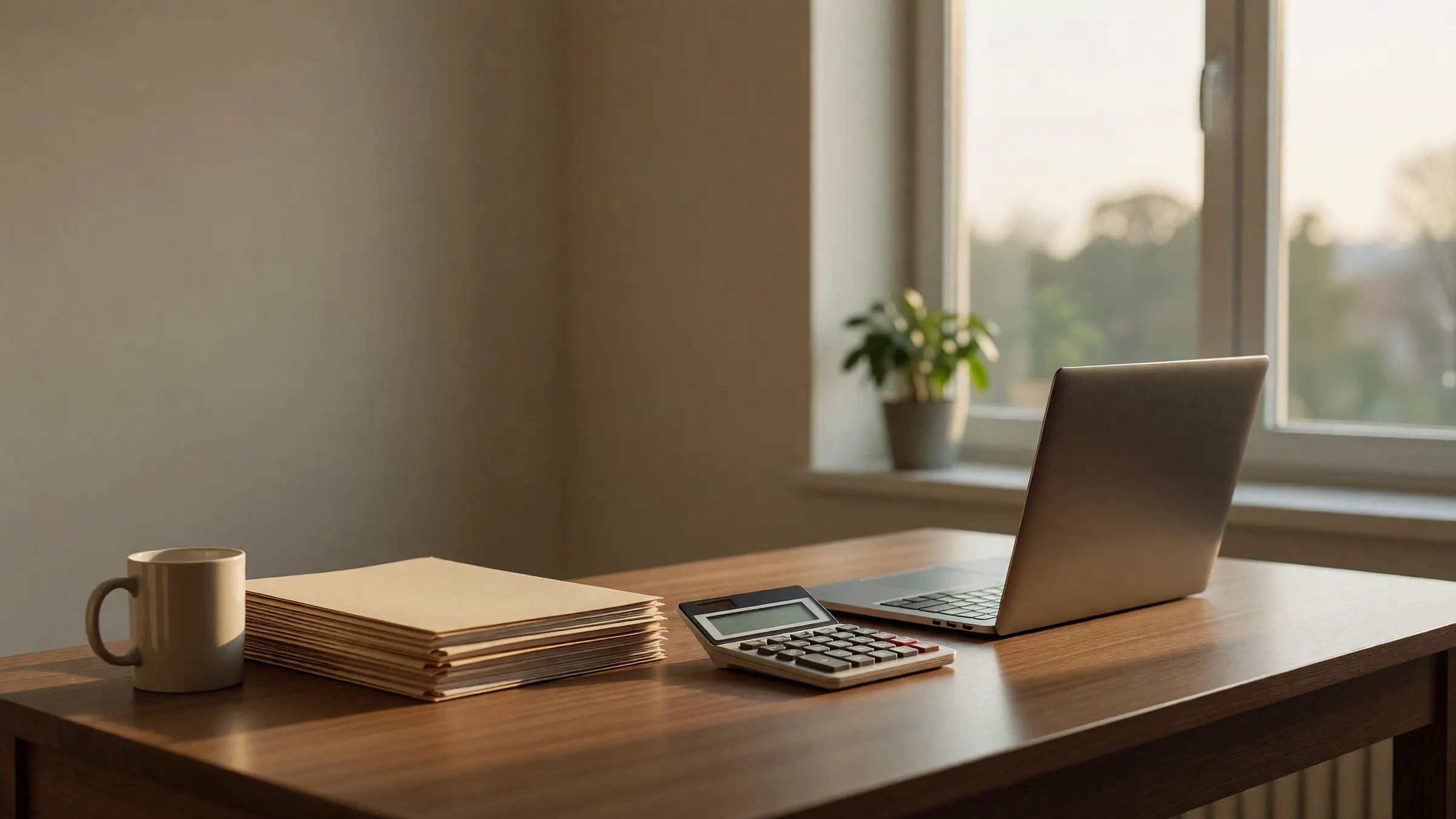 Tidy desk in a small accounting office in morning light: laptop, desk calculator, plain folders, a mug and a window plant