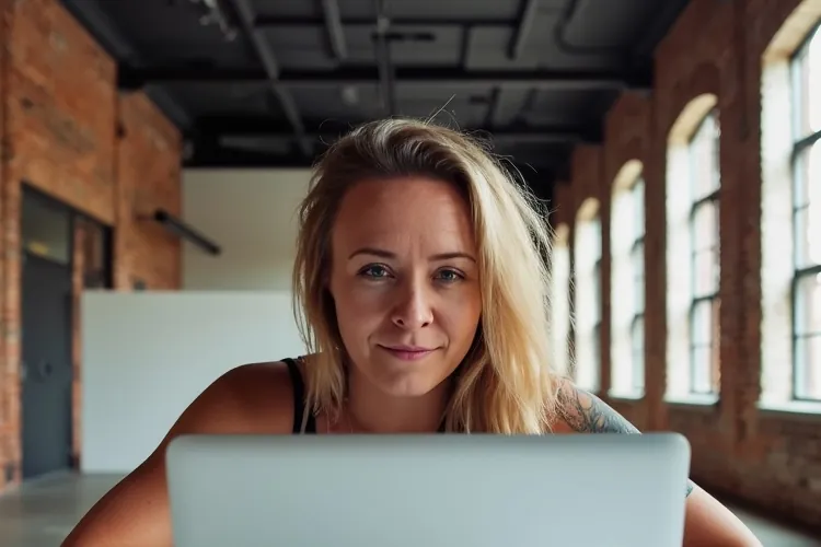 Katie Rutten, who runs Bullfinch operations and accounts, at a laptop in a brick studio with arched windows