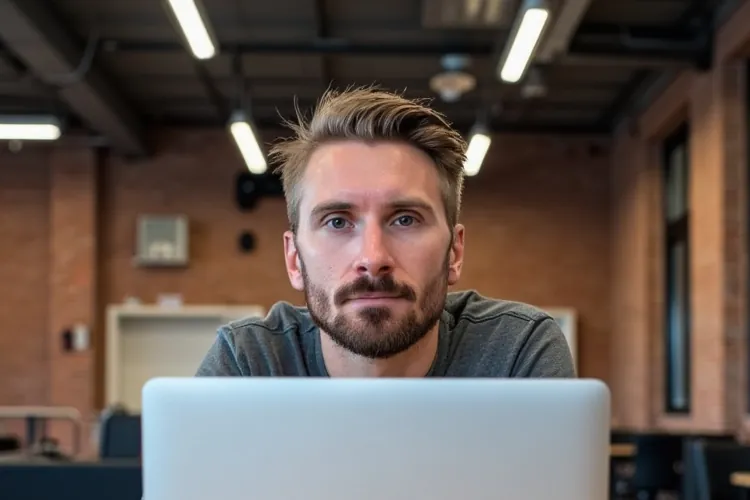 Kyle Rutten, who designs and builds Bullfinch websites, at a laptop in a bright brick-walled studio