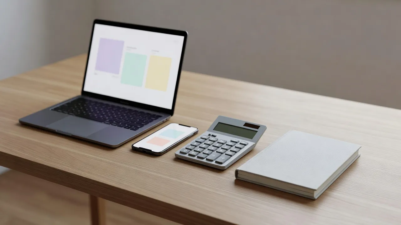 Laptop and phone side by side on a light wooden desk, next to a desk calculator and a closed planner