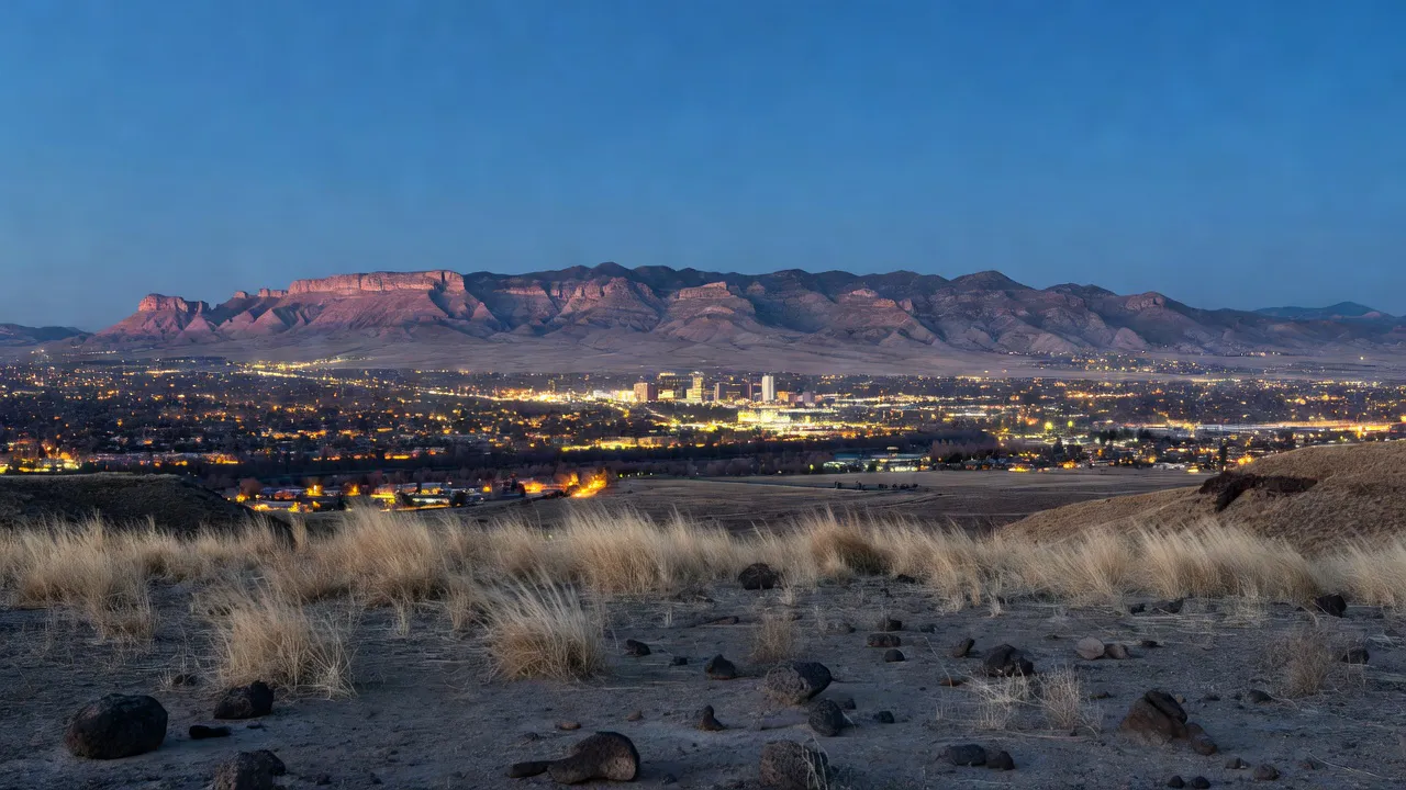 City lights across the Rio Grande valley at dusk from the West Mesa, the Sandia Mountains pink behind them