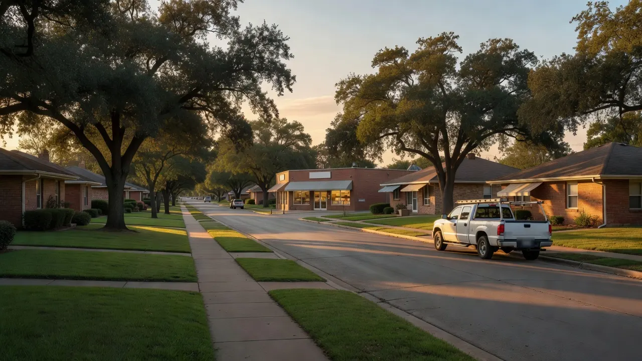 A street of brick ranch houses under live oaks in Arlington, Texas, leading to a row of local shops at dusk