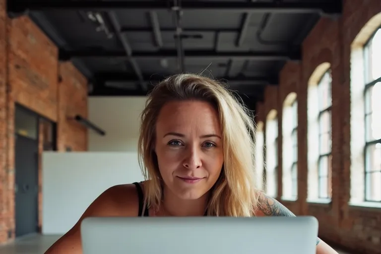 Katie Rutten of Bullfinch, smiling at her laptop in a room with brick walls