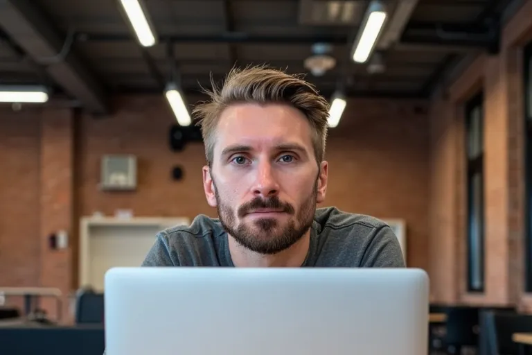 Kyle Rutten of Bullfinch, sitting at his laptop and looking at the camera