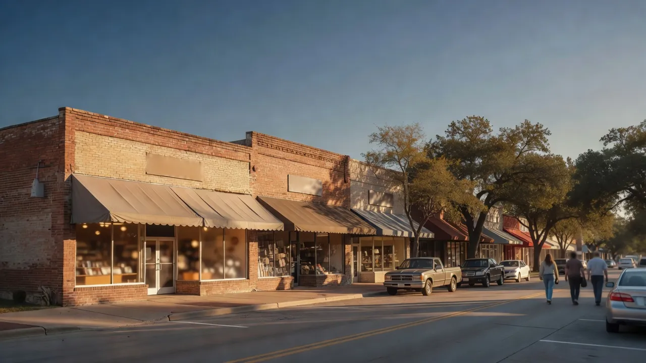 Brick storefronts with awnings and lit windows on a small-town Texas street in late-afternoon sun