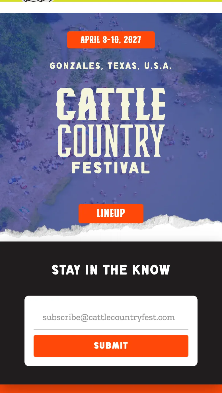 Cattle Country Festival homepage on a phone: festival dates, the festival name over a river photo, a Lineup button