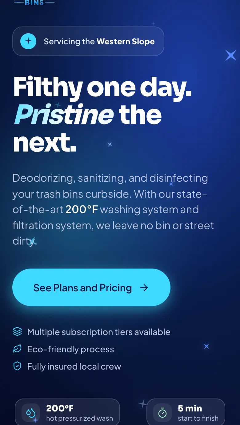 Pristine Bins homepage on a phone: a navy page with a See Plans and Pricing button