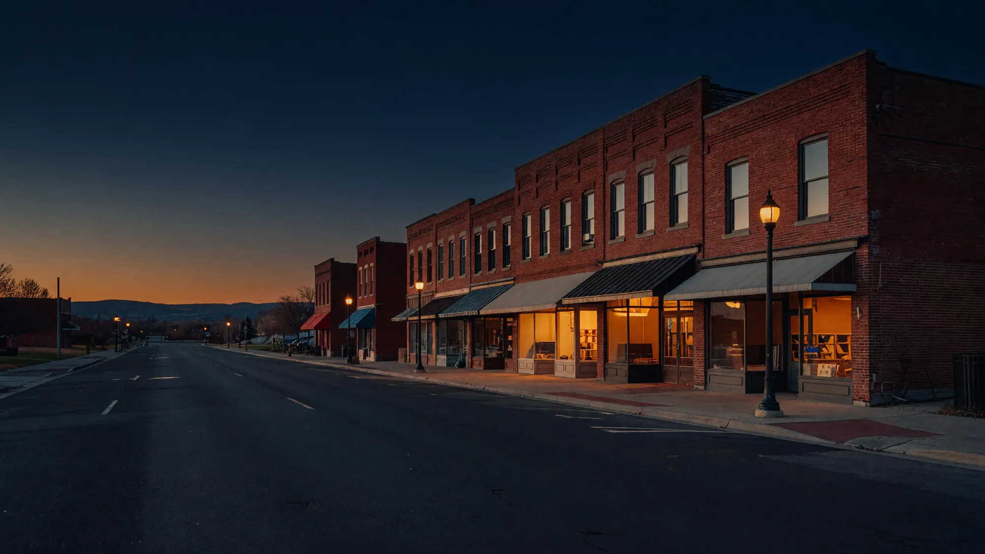 Historic red brick storefronts with lit shop windows on an empty main street at dusk, low foothills on the horizon