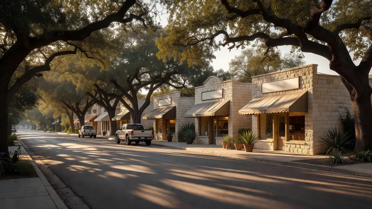 Live oaks arching over a quiet street of small limestone shops with awnings and pickup trucks at golden hour