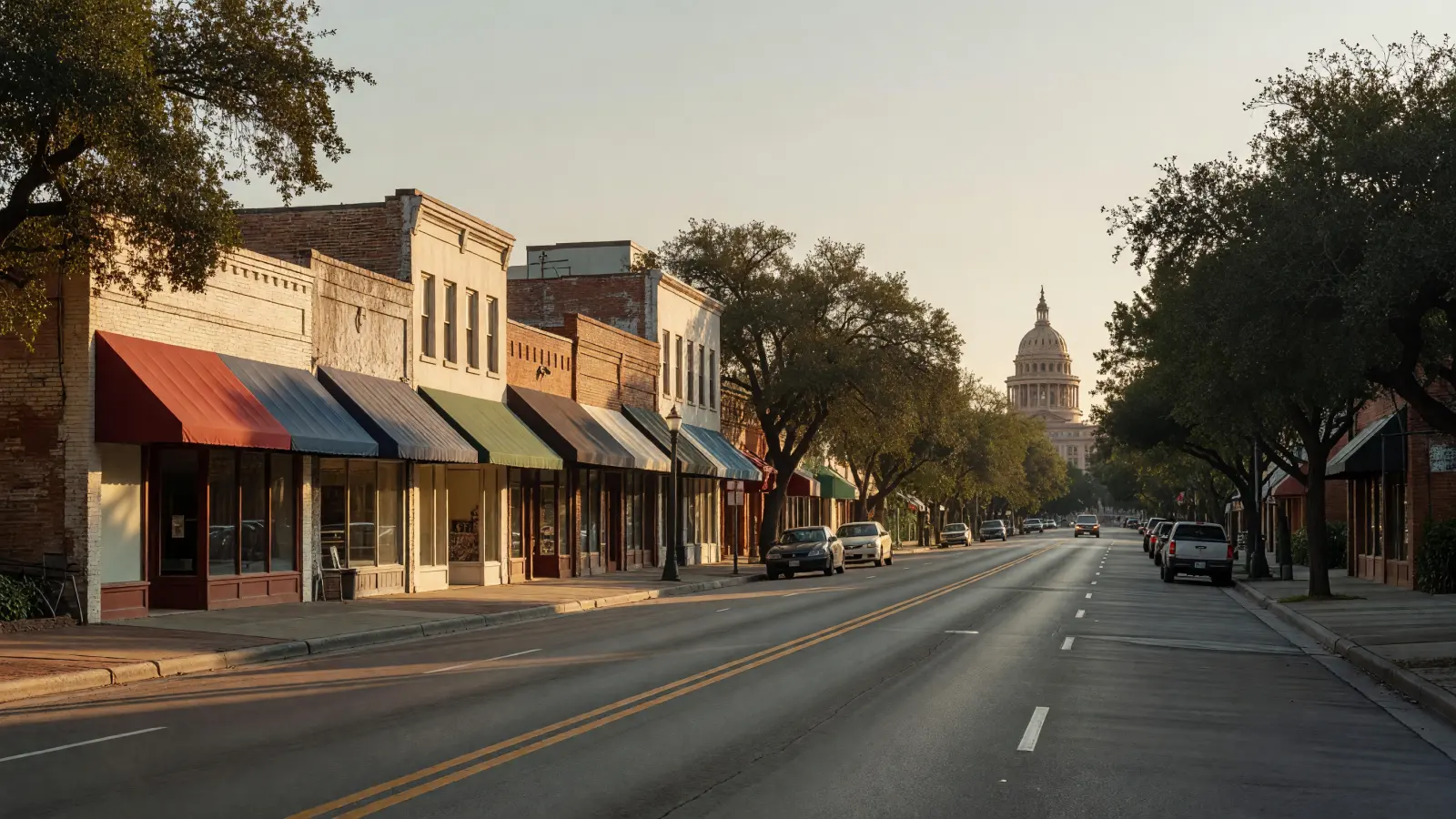 South Congress Avenue in Austin at golden hour, independent shopfronts under plain awnings leading up to the Capitol dome