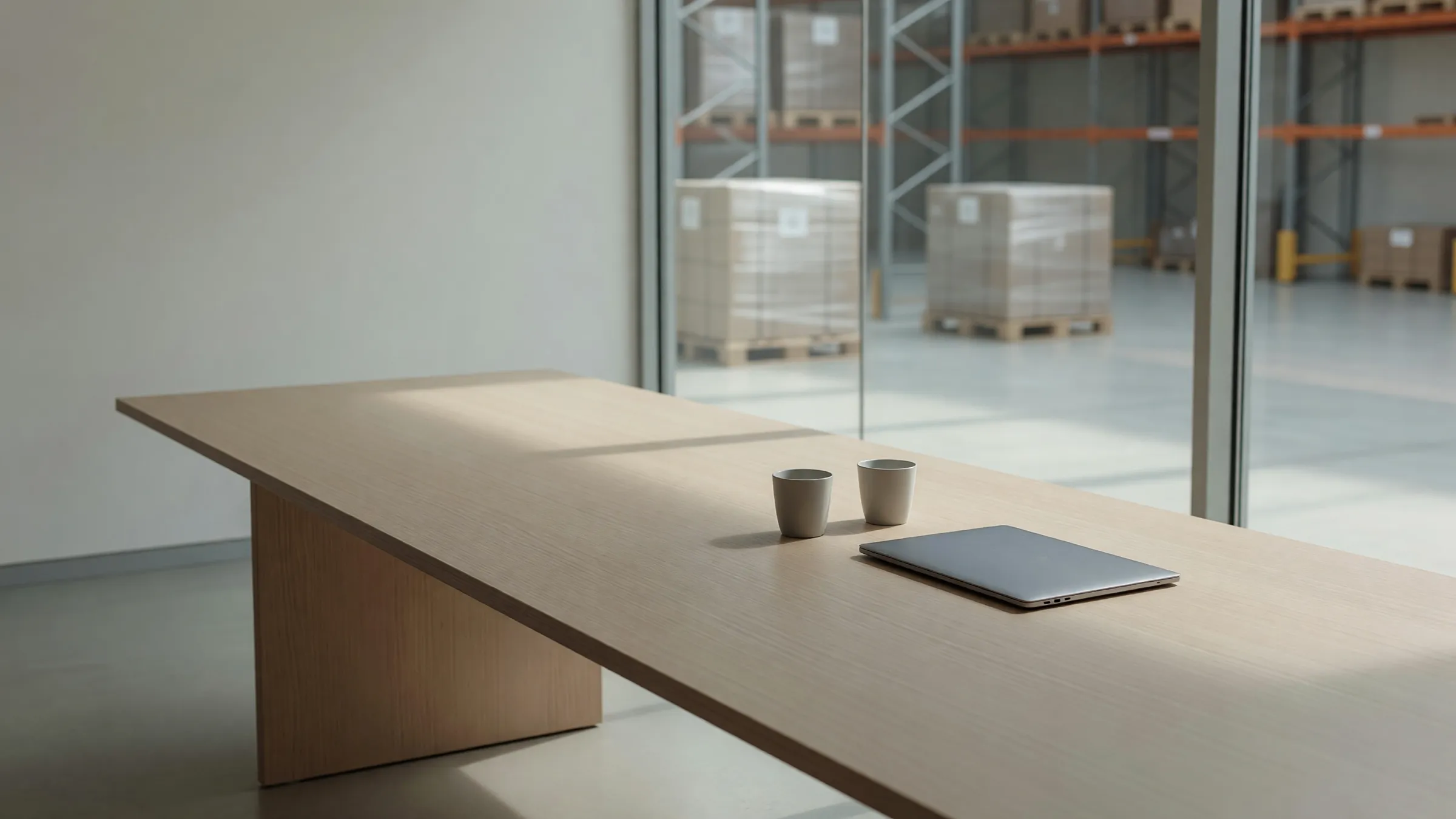 Empty meeting room with a closed laptop and two coffee cups, a glass wall looking onto a warehouse of pallets
