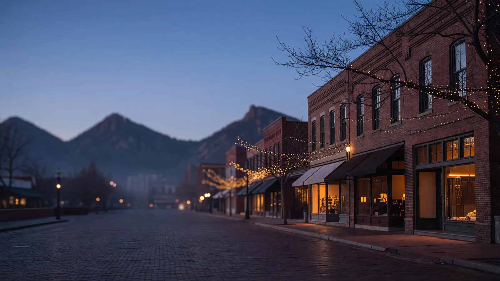 Brick storefronts on a downtown Boulder street at dusk, shop windows lit and the foothills behind
