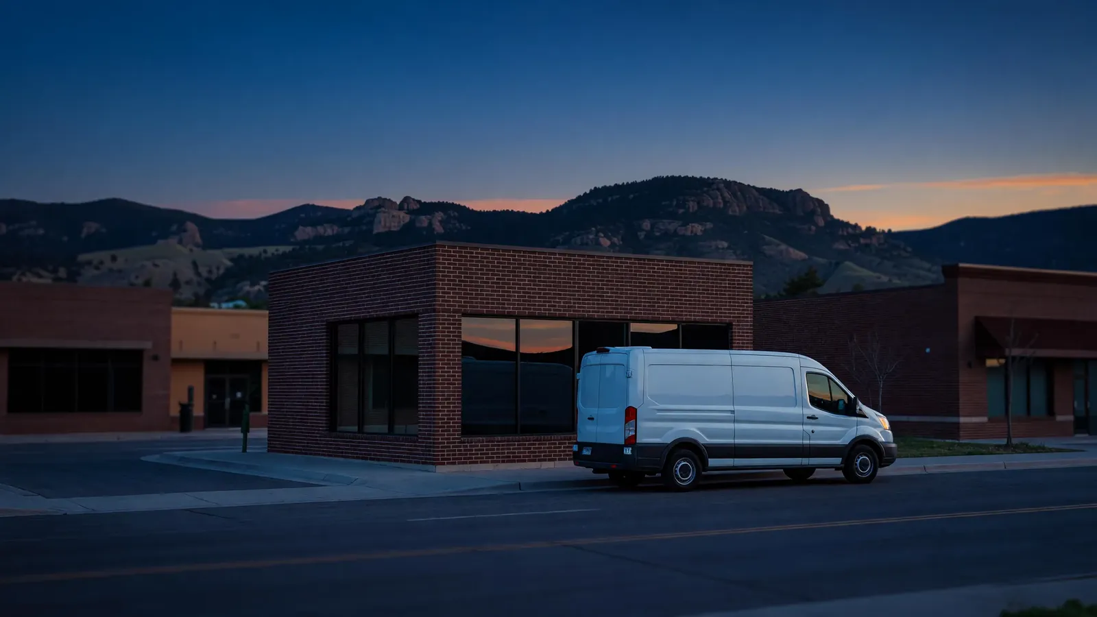 A white work van parked outside a brick storefront in Centennial, Colorado, at dusk, with mountains behind