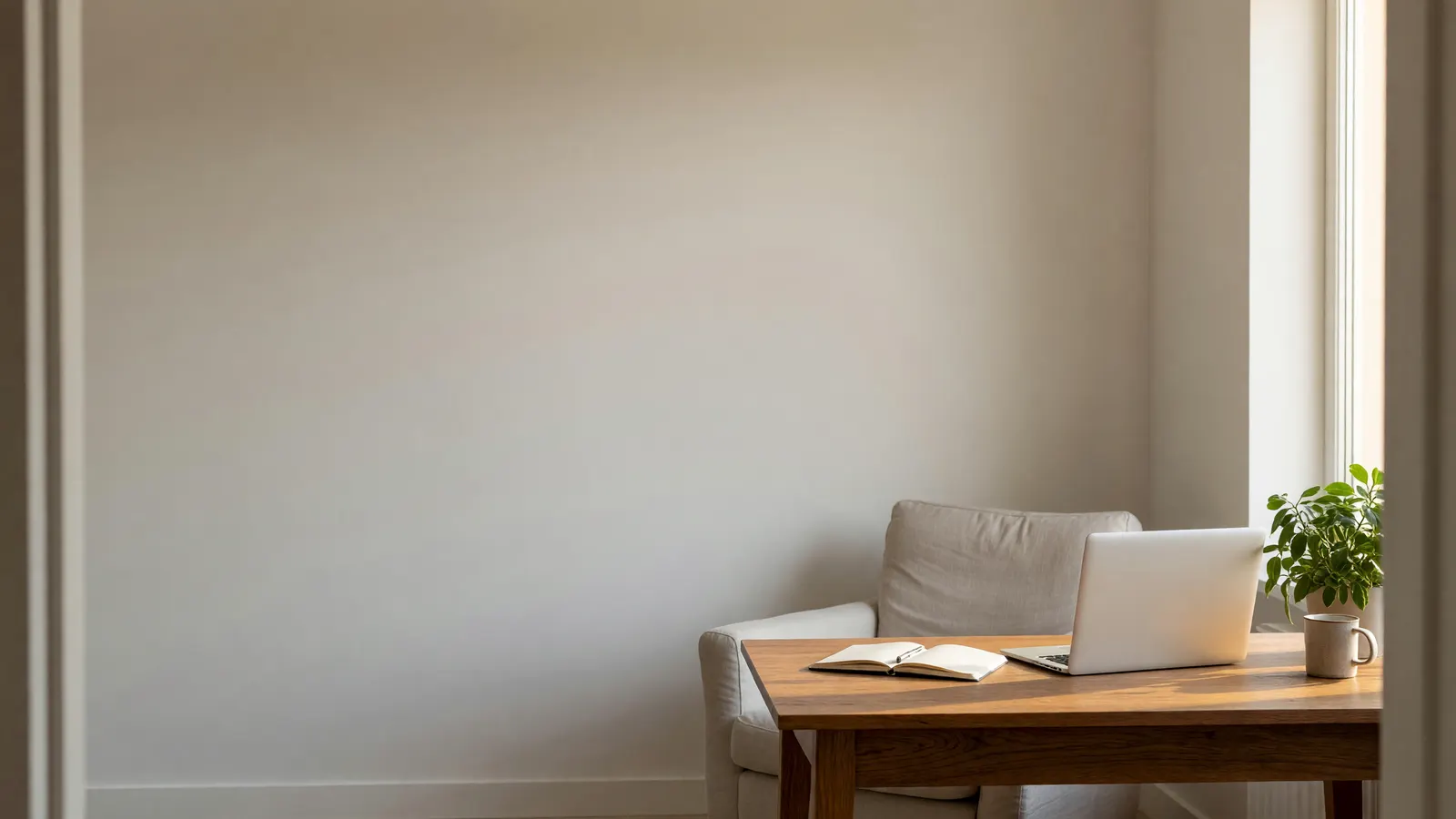 A quiet home office set for a video session: laptop on a wooden desk, open notebook, mug, plant, empty armchair
