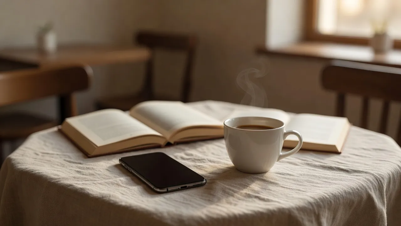 A phone with a dark screen on a linen café table beside a cup of coffee and an open paperback