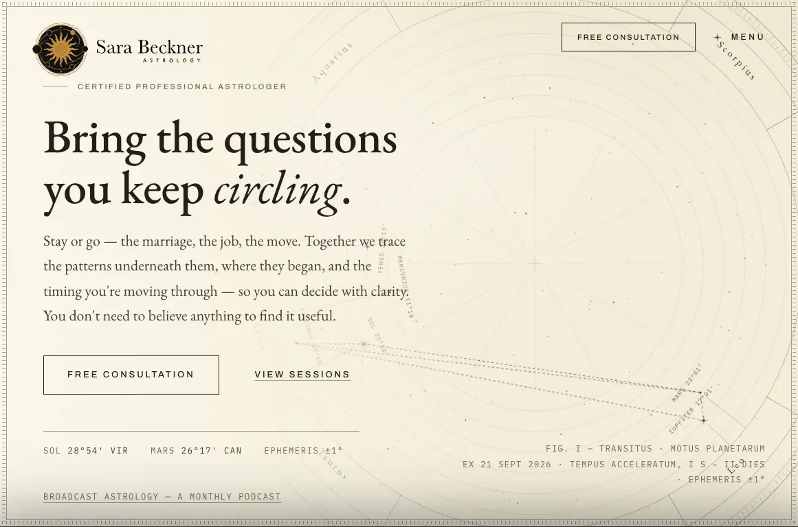 The sarabeckner.com homepage: a cream page with a serif headline, a consultation button and a faint star chart