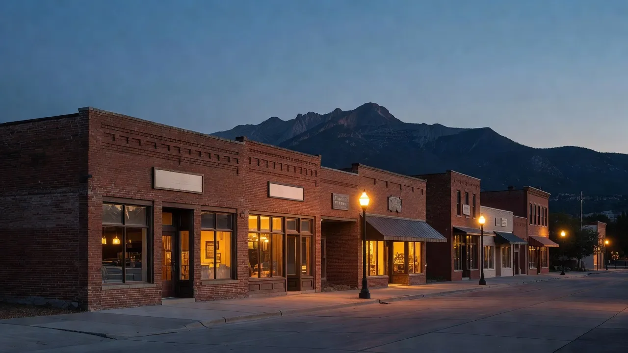 Brick storefronts with lit windows in Old Colorado City at dusk, Pikes Peak behind