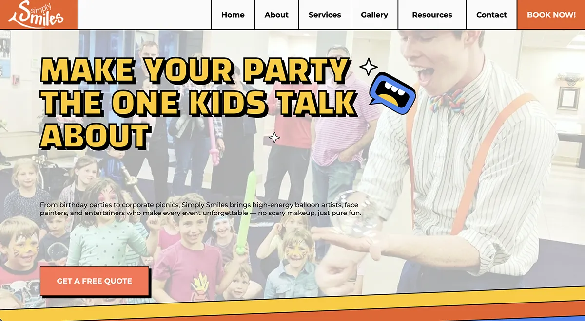 Simply Smiles homepage: a bold yellow party headline beside an entertainer and a crowd of smiling, face-painted kids