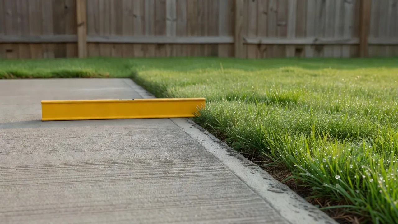 A new concrete patio edge meeting fresh sod, with a yellow level lying on the concrete