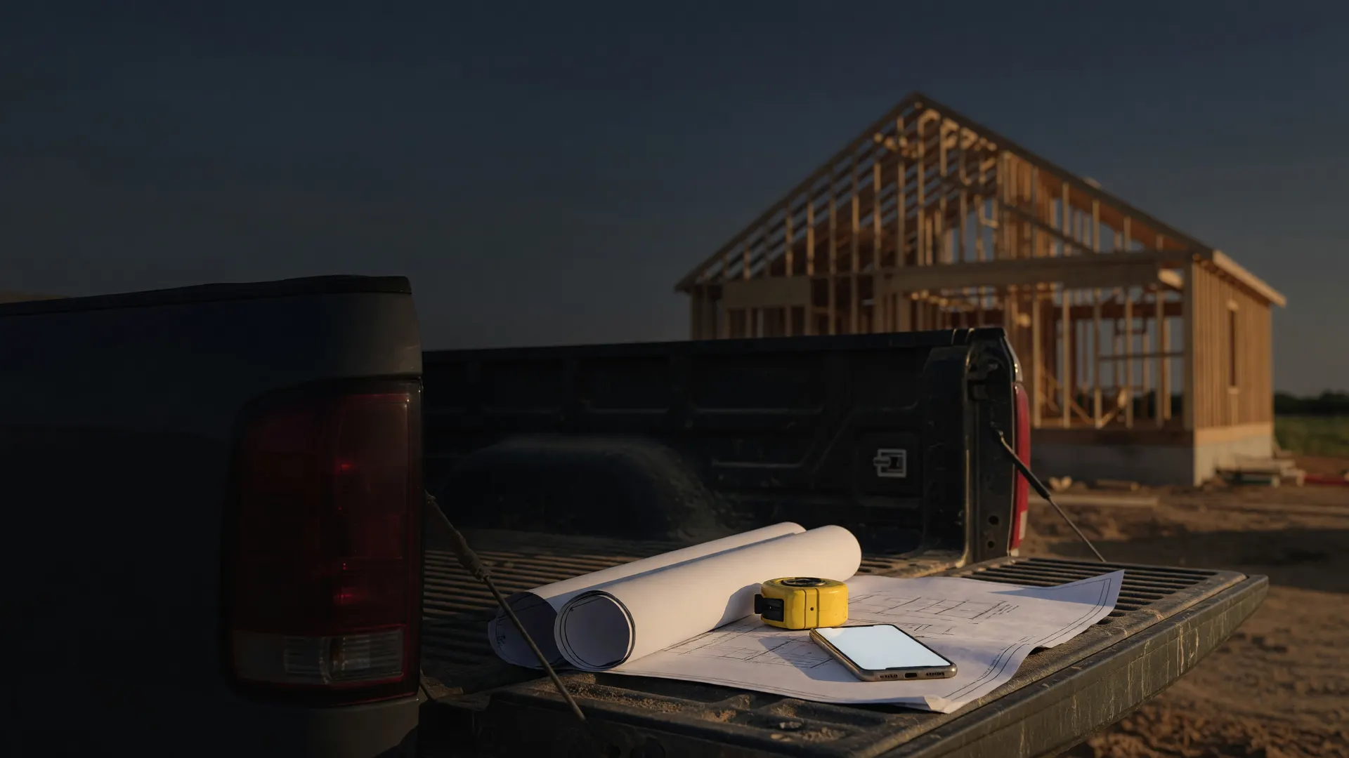Rolled plans, a tape measure and a phone on a pickup tailgate at a house under construction