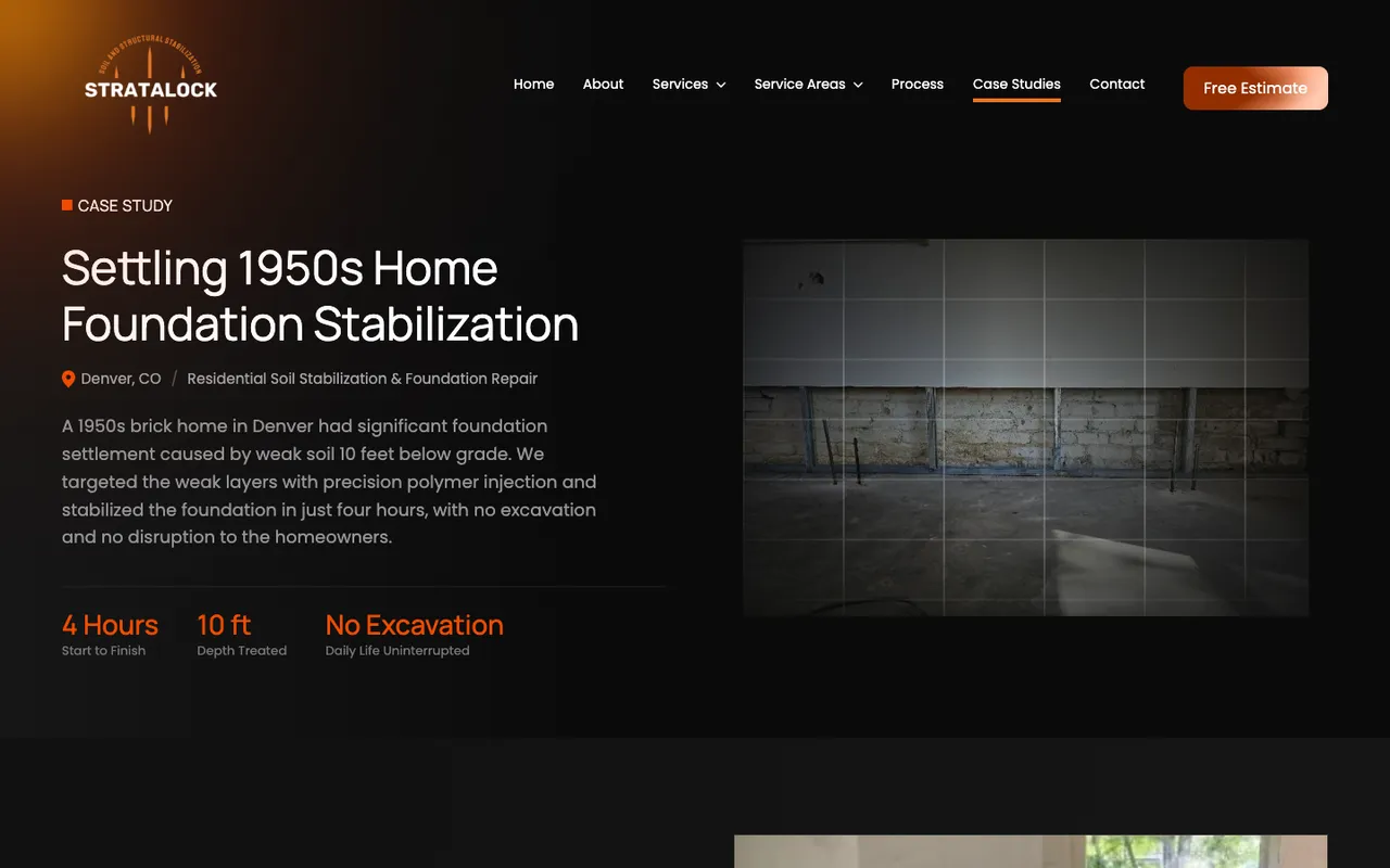 Stratalock case study: a settling 1950s Denver home, tagged Denver and soil stabilization, by the opened foundation wall