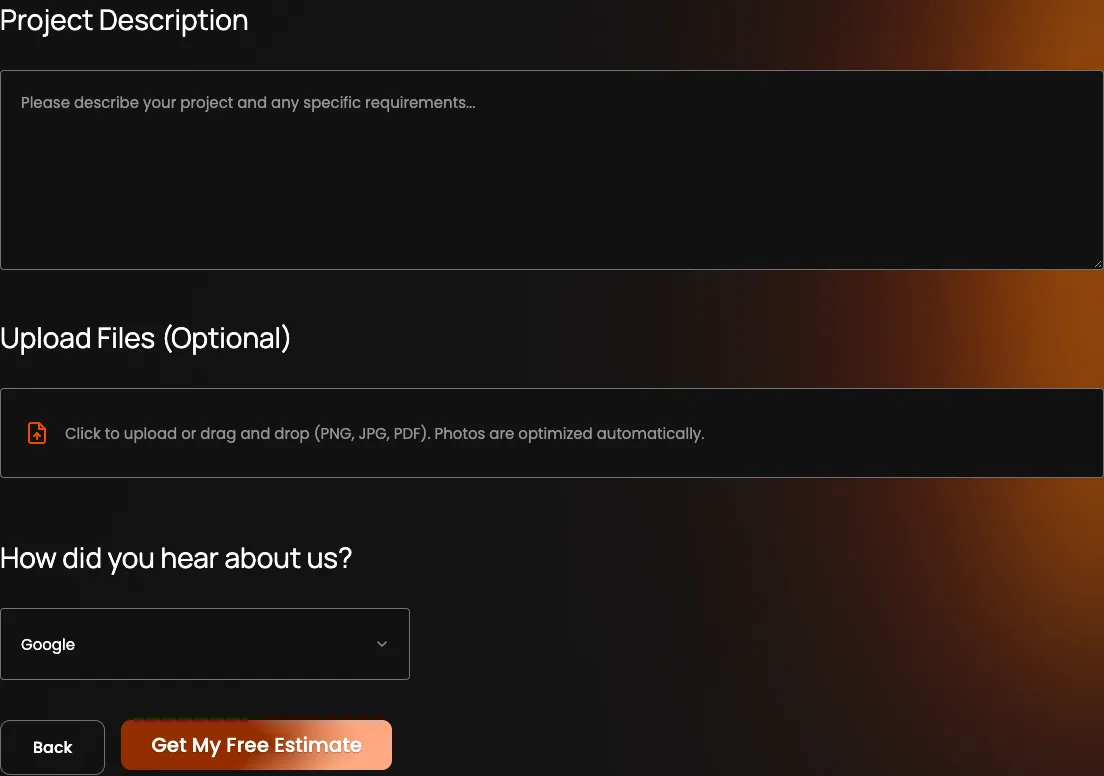 Stratalock's estimate form, step four: a project description box, an optional photo upload and a how-did-you-hear field