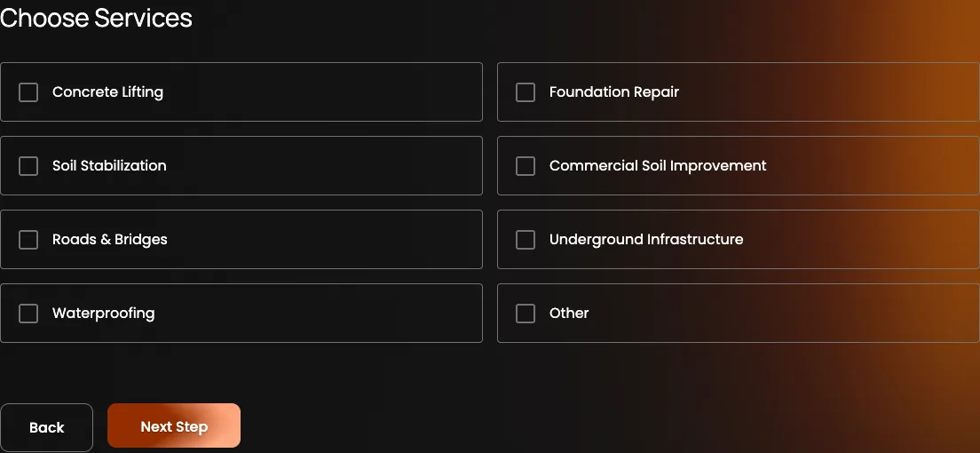 Stratalock's estimate form, step three: checkboxes for concrete lifting, foundation repair, soil stabilization and more