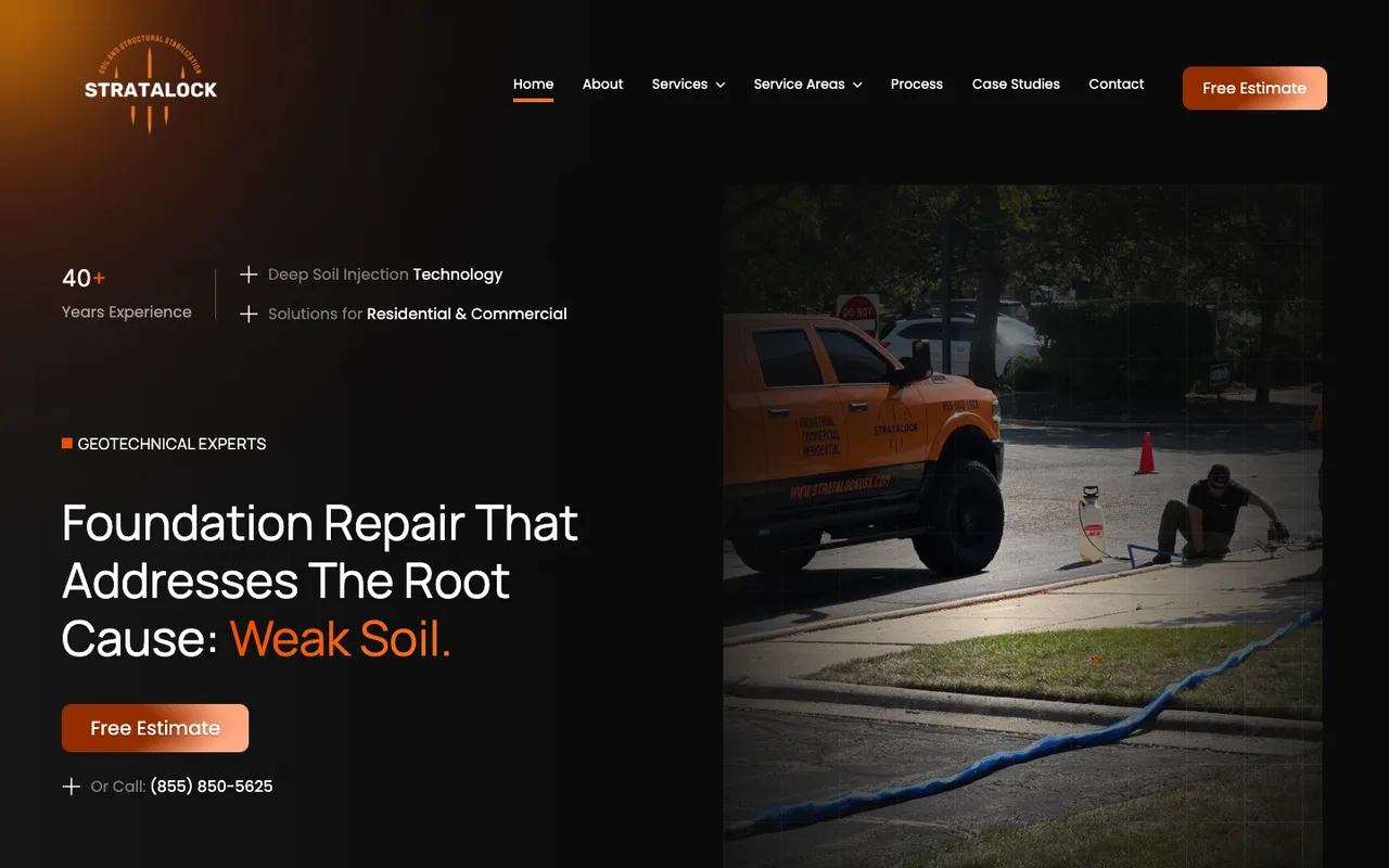 Stratalock's homepage: a headline on fixing weak soil under foundations, an estimate button, and a crew by an orange truck