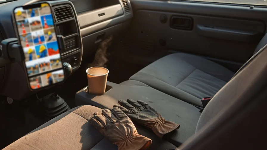 A phone in a dash mount showing a grid of job photos, next to a coffee cup and leather work gloves in an empty truck cab