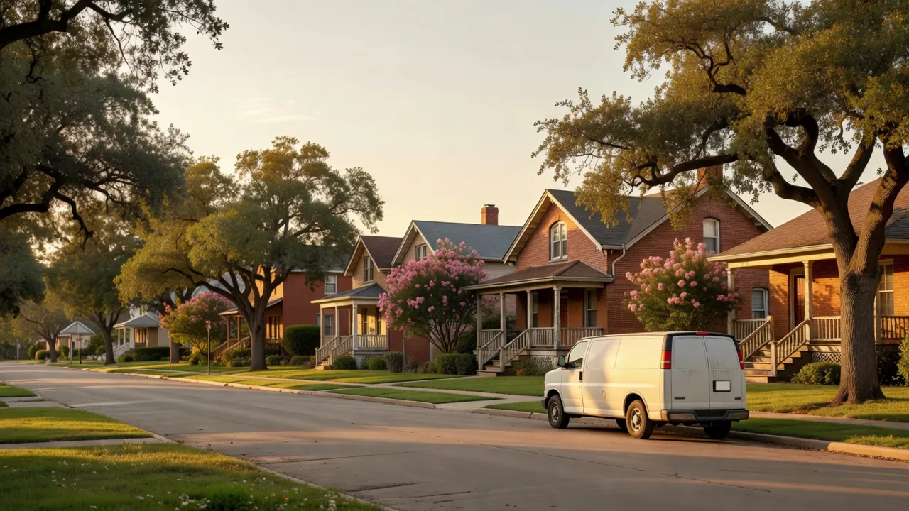 A plain white service van parked under live oaks on an East Dallas street of brick bungalows in late-afternoon sun