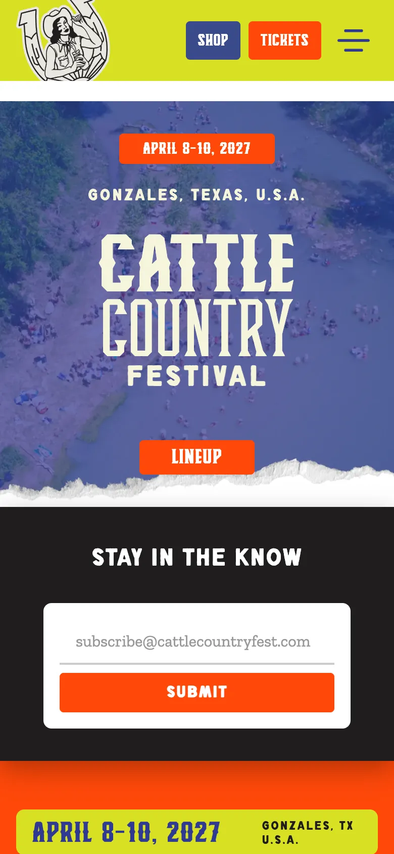 Cattle Country Festival homepage on a phone: yellow header, April dates and an aerial photo of the river