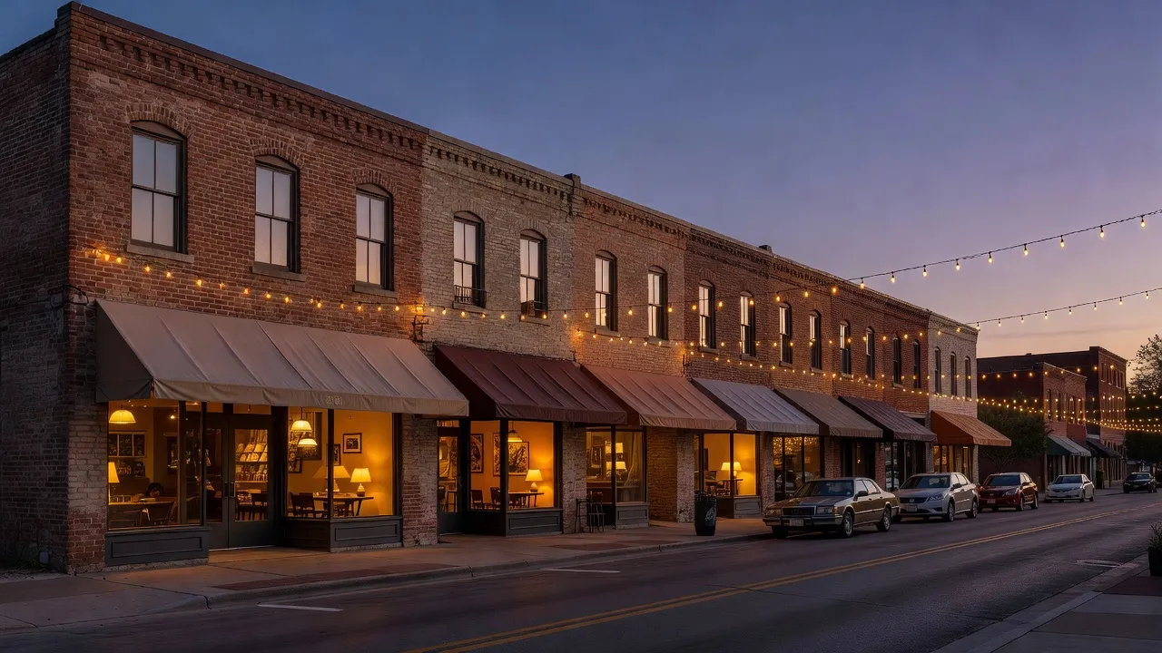 Two-story brick storefronts with lit windows, awnings and string lights on a shopping street at dusk
