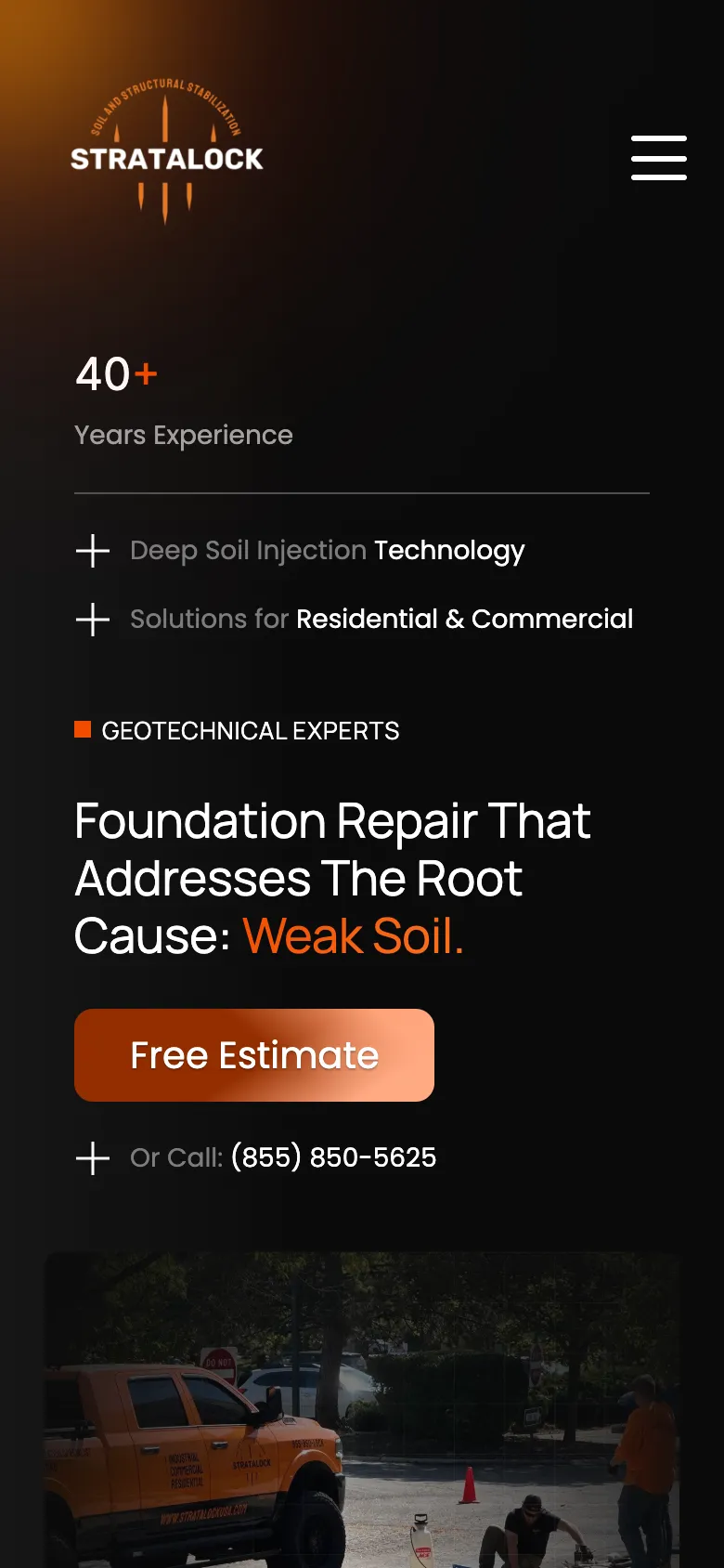 Stratalock homepage on a phone: dark page with a foundation repair headline and an orange estimate button