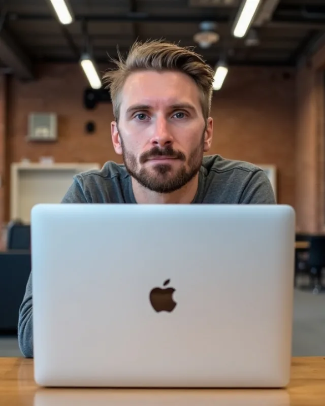 Kyle Rutten, who designs and builds at Bullfinch, looking up from his laptop in a brick-walled office