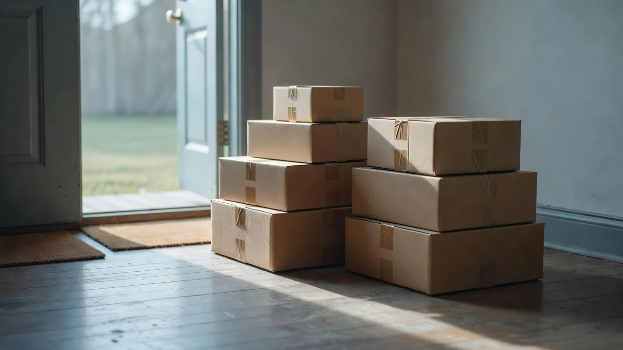 Two stacks of sealed kraft shipping boxes on a wooden floor by an open back door in early morning light