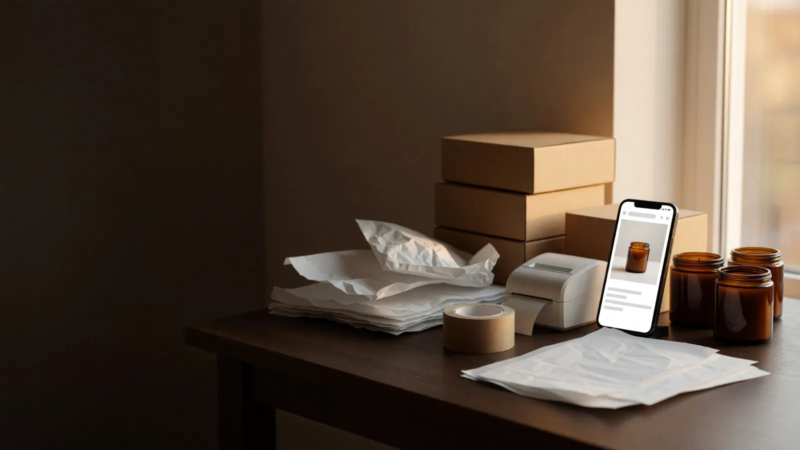 Kraft mailer boxes, tissue and a label printer on a packing table at sunset, a phone showing a product page