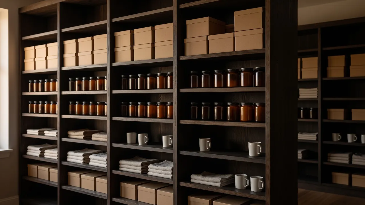 Dark wooden stockroom shelves in window light, stocked with plain kraft boxes, amber jars, folded linen and white mugs