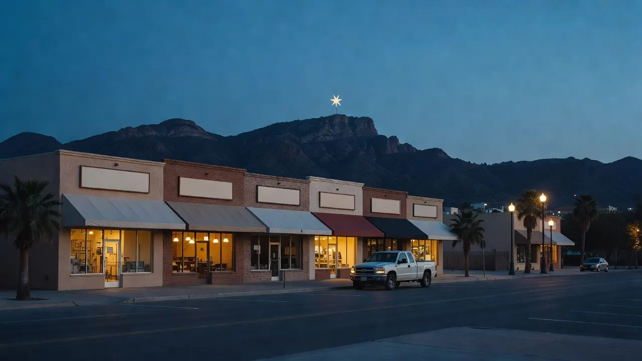 Lit storefronts and a work truck on a wide El Paso street at dusk, the Franklin Mountains and their star behind