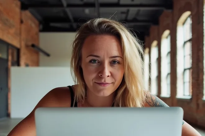 Katie Rutten, long fair hair, smiling at a laptop in a brick-walled studio with tall arched windows