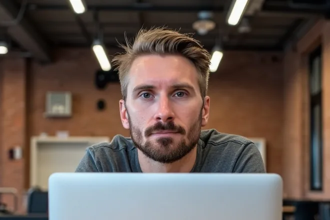 Kyle Rutten, short brown hair and a beard, at a laptop in a brick-walled studio