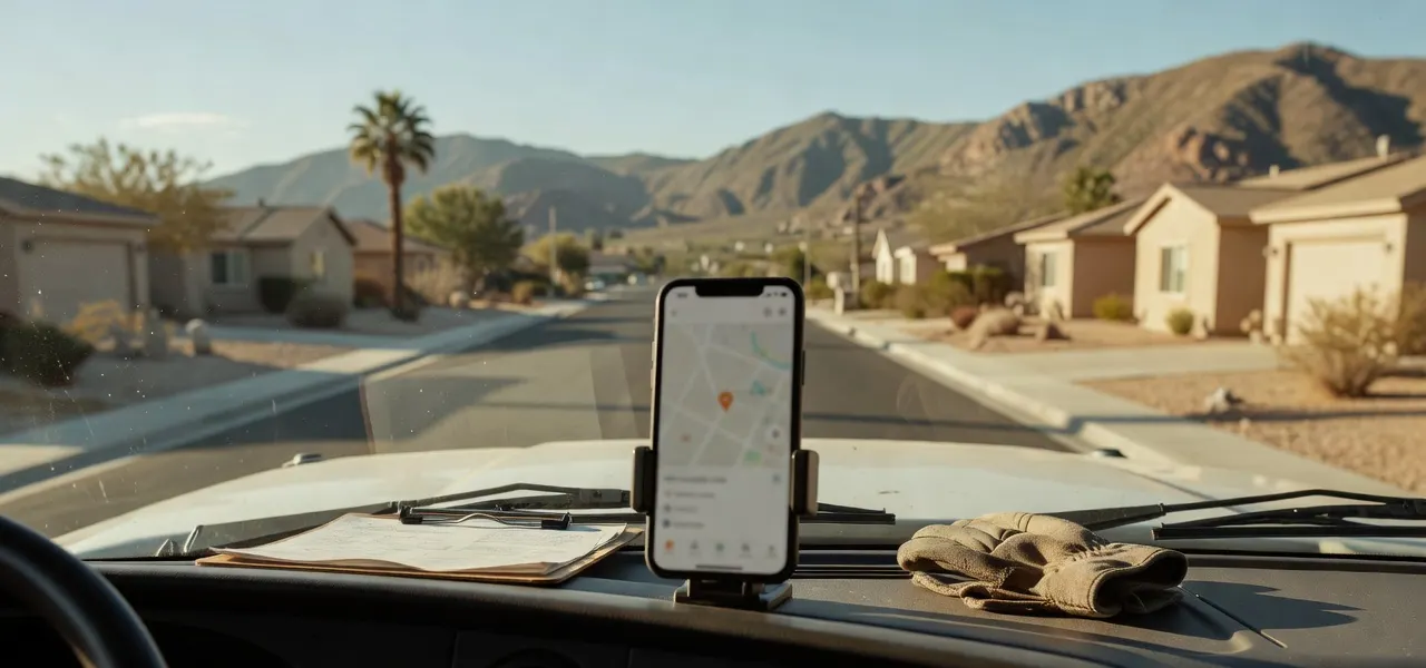 A phone on a work truck dashboard showing a map pin, with a desert street and brown mountains through the windshield