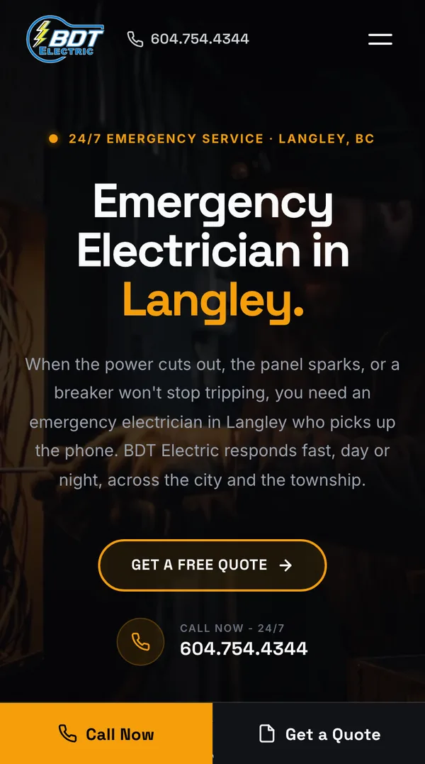 BDT Electric's Langley emergency page on a phone, with the Call Now and Get a Quote bar pinned to the bottom