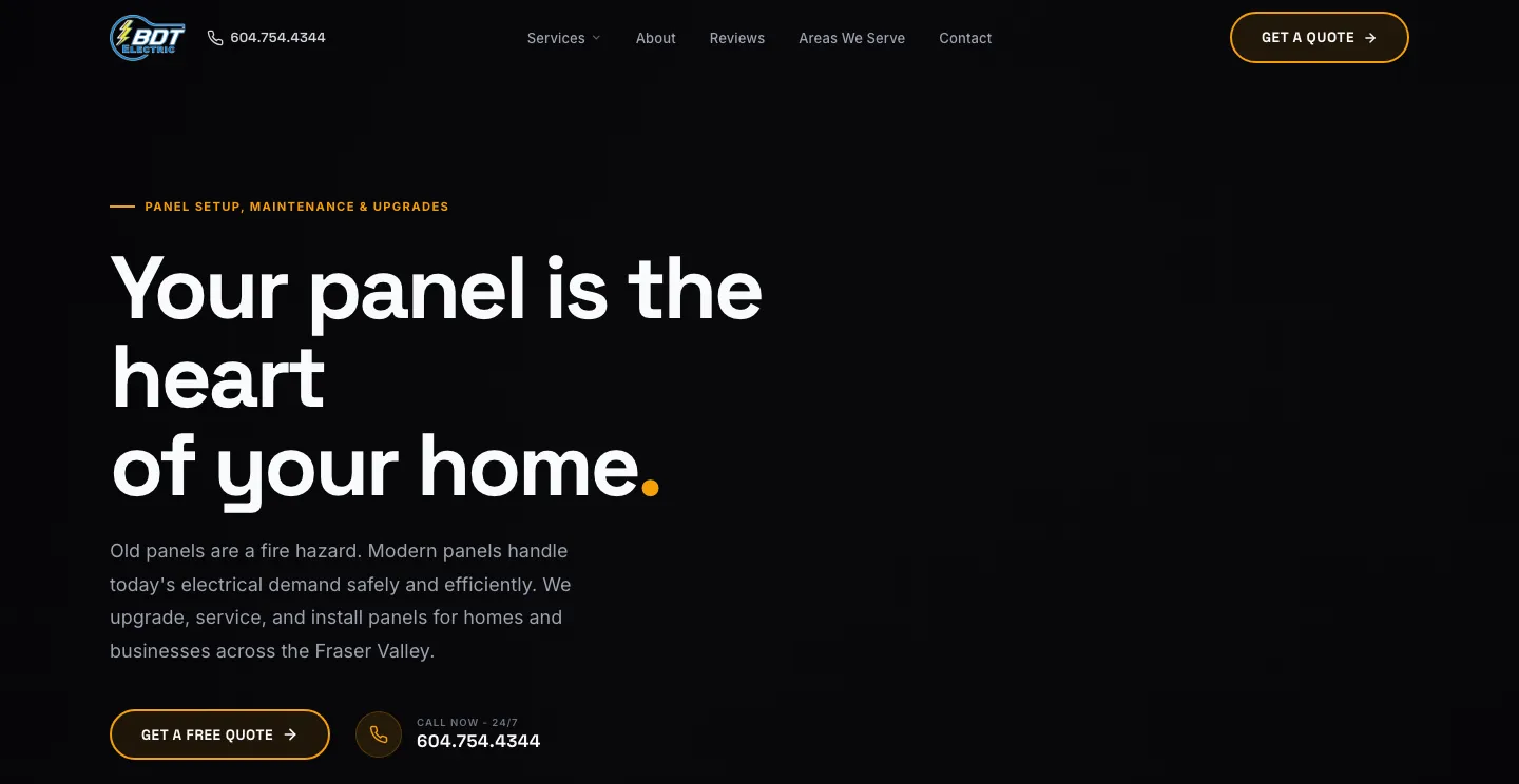 BDT Electric's panel upgrades page on a laptop, with the phone number in the header beside the logo