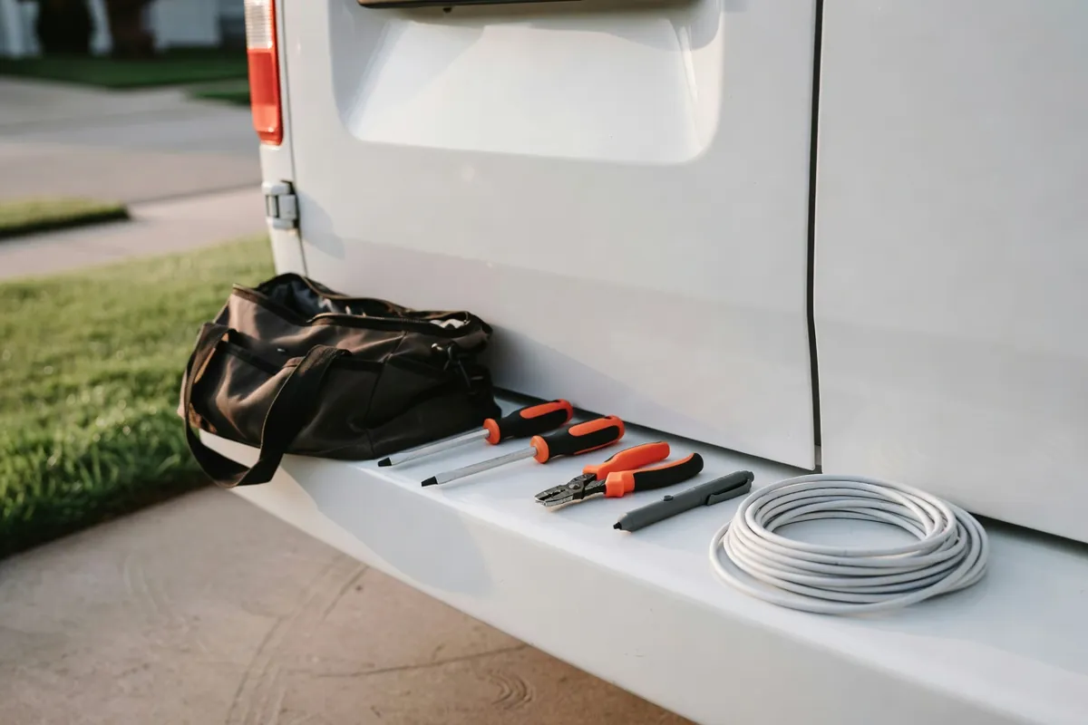 A tool bag, two screwdrivers, pliers, a voltage tester pen and a coil of white cable on the rear step of a white van
