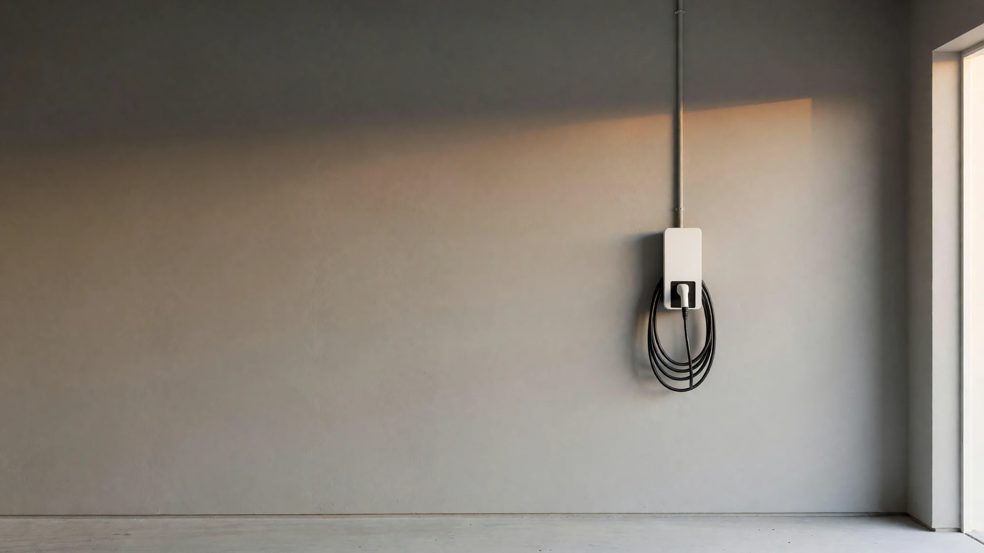 A new white EV charger on a painted garage wall, grey conduit above it, cable coiled, evening light from the open door