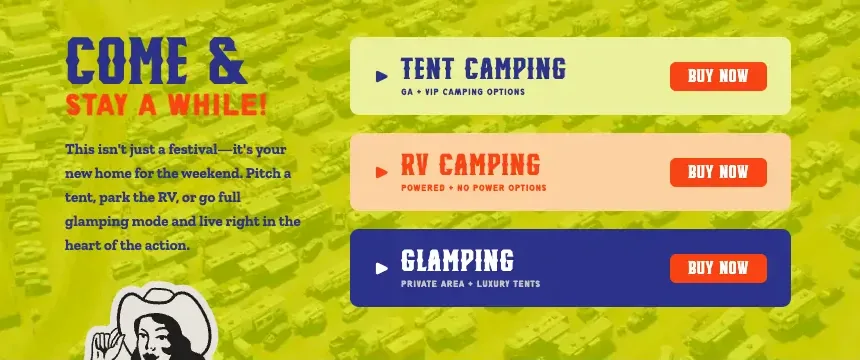 Cattle Country Festival's live site: tent camping, RV camping and glamping rows, each with an orange Buy Now button
