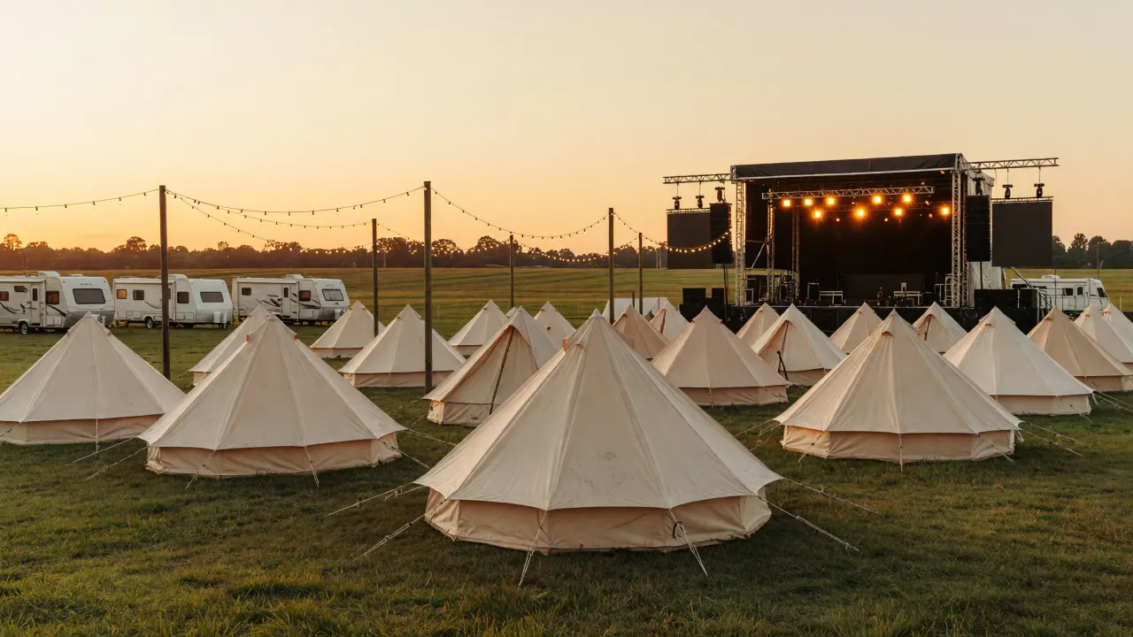Empty festival grounds at golden hour: rows of canvas bell tents, a few RVs, string lights and a lit stage in the distance