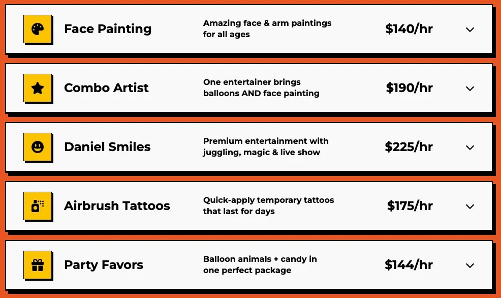 Simply Smiles' services page: face painting, combo artist, airbrush tattoos and more, each with its hourly price