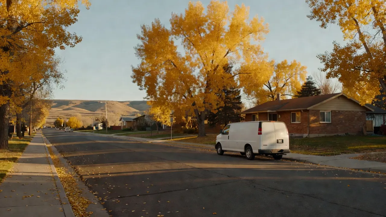 A plain white work van outside a brick ranch house under gold cottonwoods, foothills to the west in fall light
