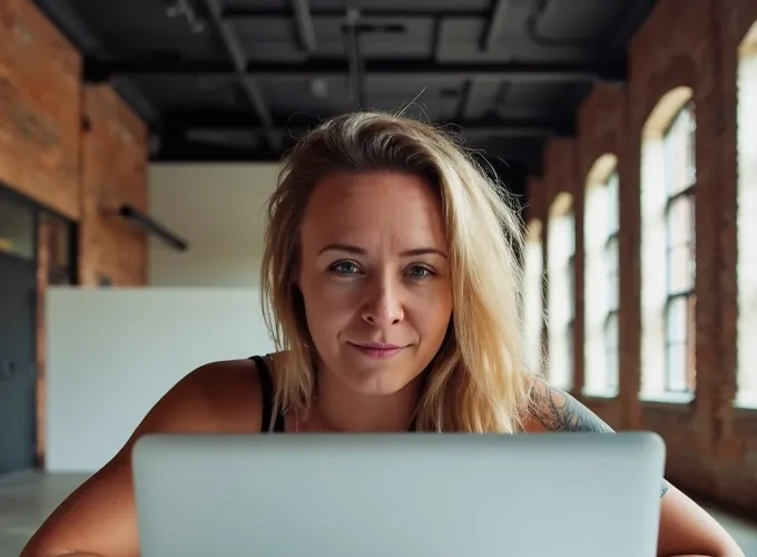 Katie Rutten at her laptop in a bright brick loft with tall arched windows behind her